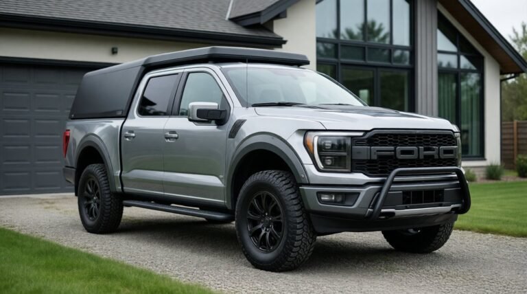 An accessorized Ford F-150 pickup truck parked on a gravel driveway.