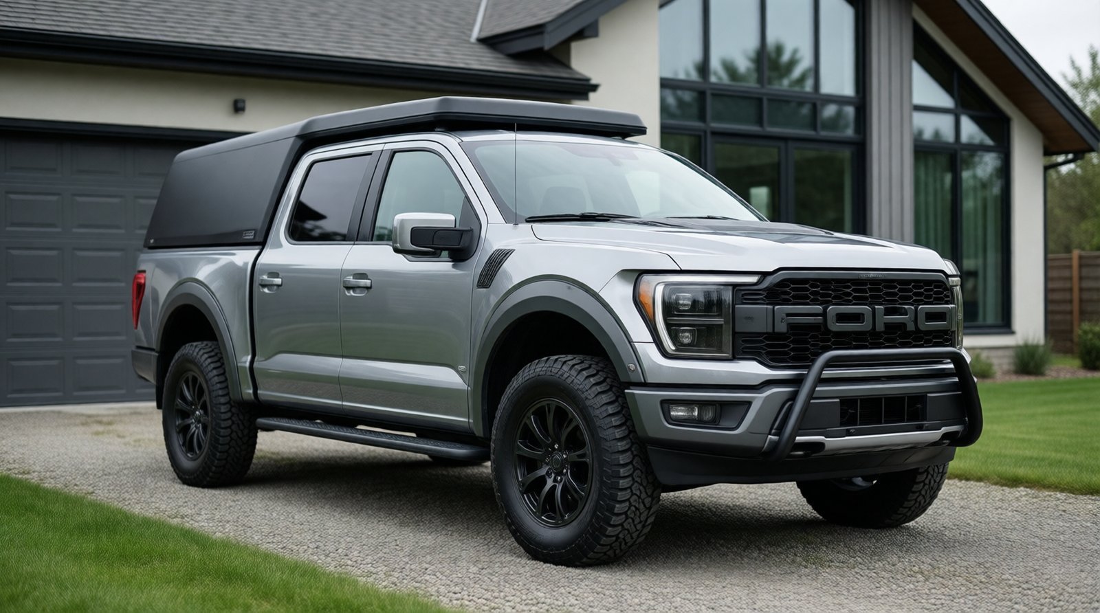 An accessorized Ford F-150 pickup truck parked on a gravel driveway.