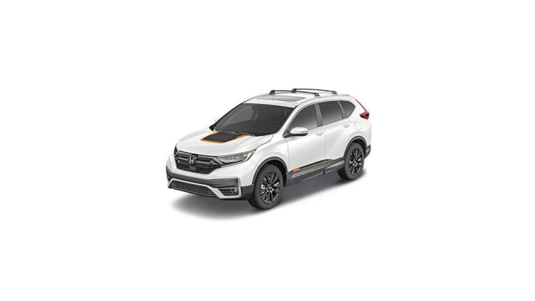 Honda CR-V with popular accessories displayed around it on a suburban driveway